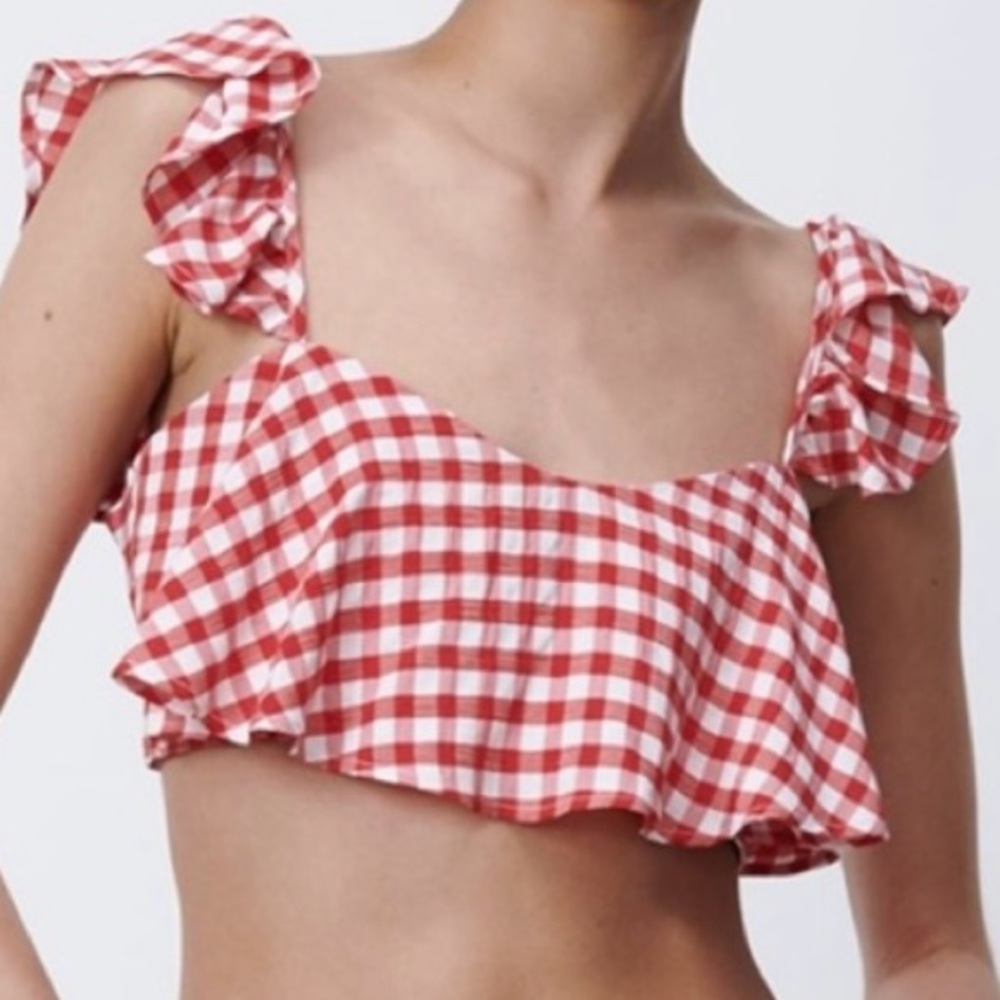 Zara Red Gingham Ruffle Crop Top - Picture 11 of 11